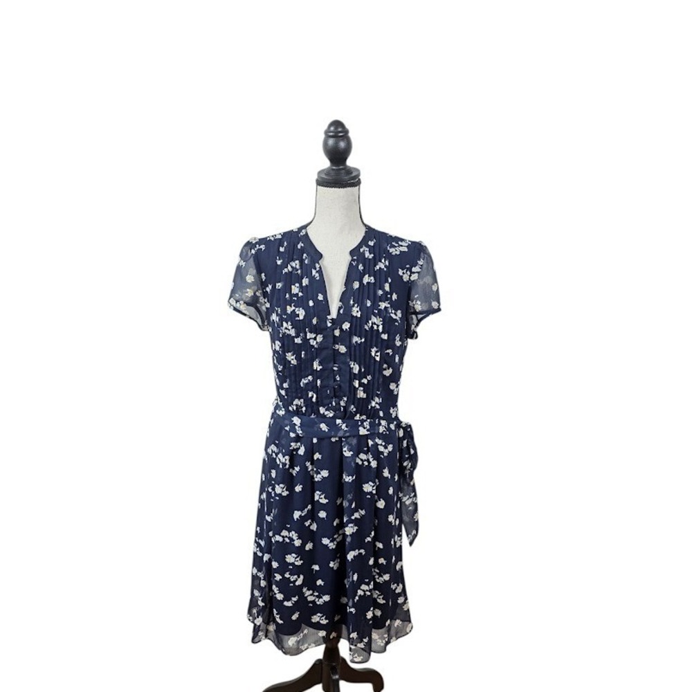MSK Floral Dress Women 12 Navy Blue Pleated Waist Tie Floral Office Chiffon